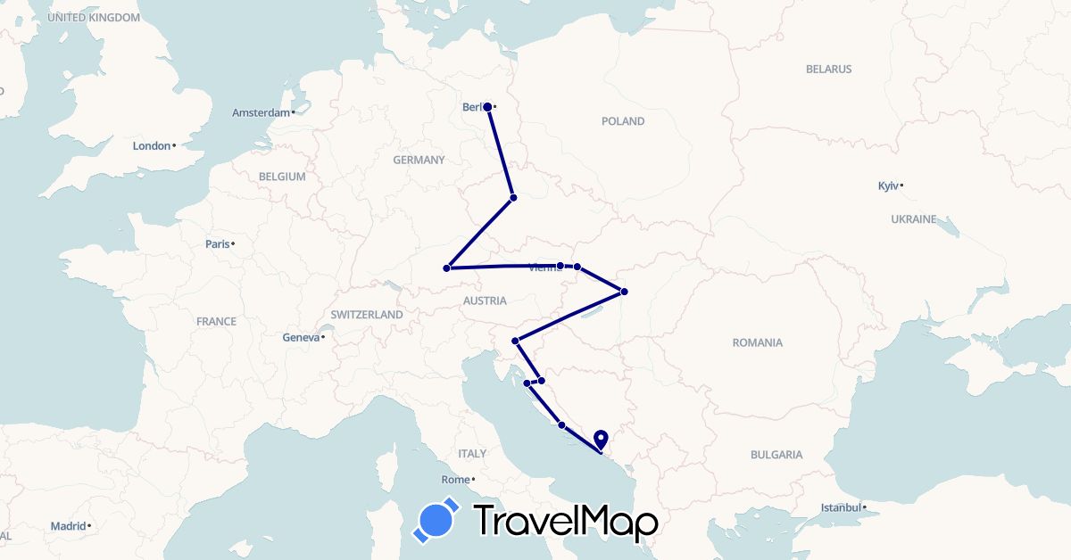 TravelMap itinerary: driving in Austria, Czech Republic, Germany, Croatia, Hungary, Slovenia, Slovakia (Europe)